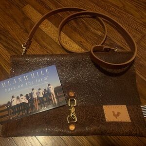 Meanwhile Back on the Farm Birch Mocha Foldover Clutch & Crossbody, New!